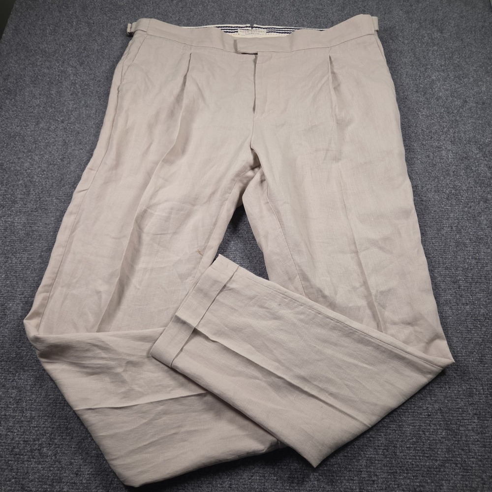 Luca Faloni Linen Elegant Trousers Mens 38 Beige Made in Italy Side Adj Pants